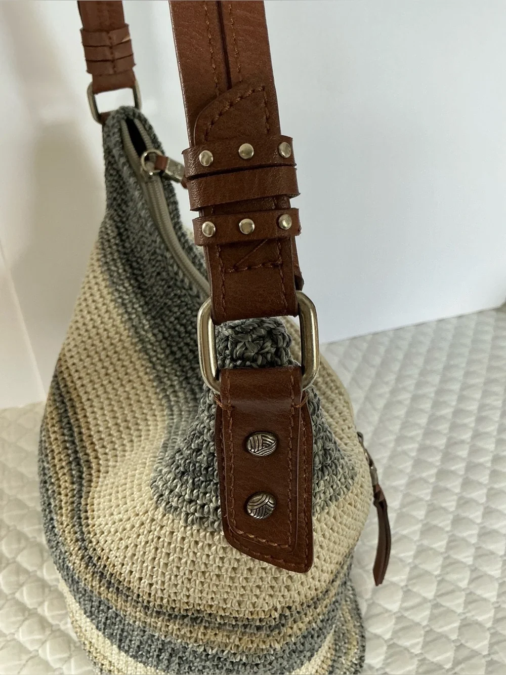 The Sak Sequoia Striped Crochet Hobo Bag in Brown and Cream